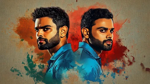 Dual male portrait in stylized blue shirts against splashes.