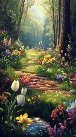 Sunlit forest path lined with colorful wild spring flowers.