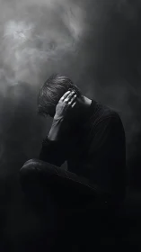 Solitary figure bows in shadow, enveloped by smoky darkness