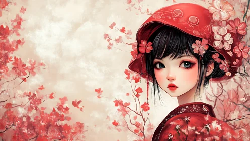 Girl in red kimono among soft pink cherry blossoms.
