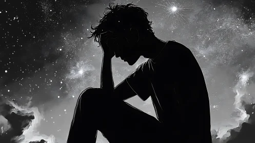 Silhouetted figure under starry sky in reflective solitude.