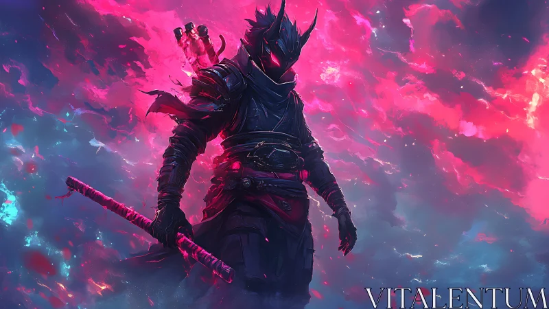 Armored cyber-ninja stands against neon magenta storm clouds