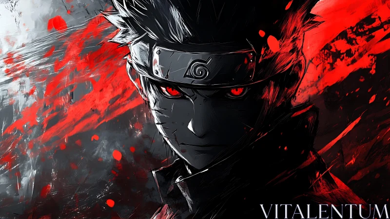 Dark anime ninja portrait with intense red splatter art
