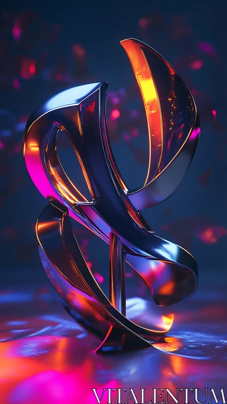 Chromed ribbon sculpture glows in neon magenta and cyan light.