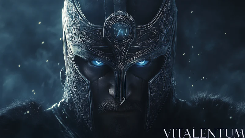 Warrior face framed by ornate metal helmet and glowing eyes