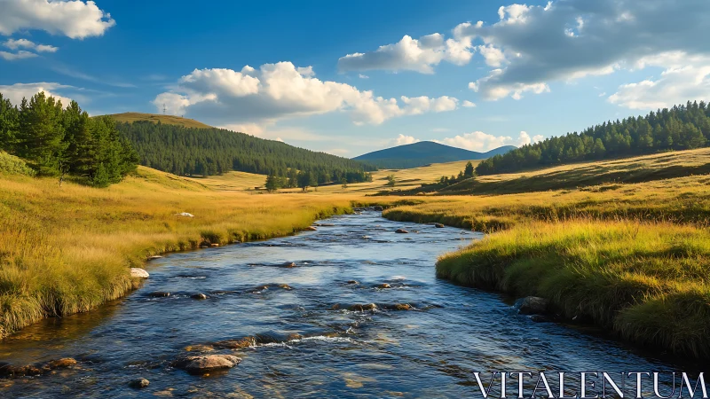 Foreground stream traverses open grassland toward forested hills