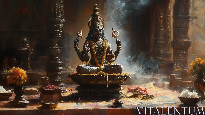Serene temple deity crowned in incense, gold, and quiet fire.