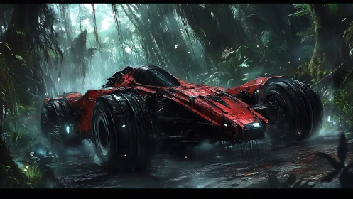 Red all-terrain cyberpunk hypercar on wet jungle roadway