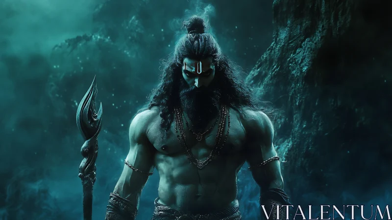 Mythic warrior deity in teal-lit atmospheric cavern.