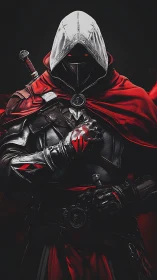 Hooded dark knight in red cloak gripping glowing heart emblem.