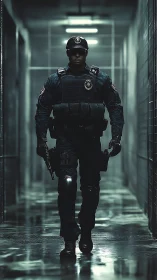 Calm security officer strides down a dim, rainlit corridor