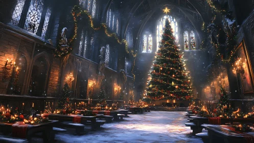 Gothic great hall with illuminated Christmas tree centerpiece.