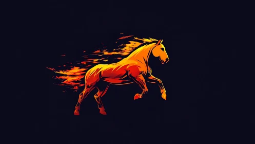Fiery stylized horse sprinting across dark background.