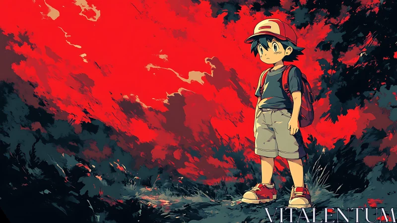 Young wanderer stands before a blazing crimson horizon.