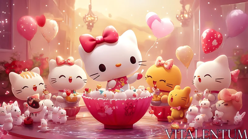 Three-Dimensional Rendered Scene With Anthropomorphic Cat Characters and Decorative Elements