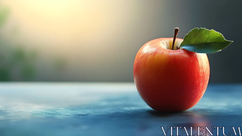 Sunlit red apple resting on a cool blue morning table.