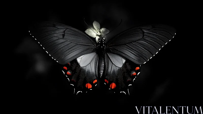 Black butterfly with red spots on dark background.