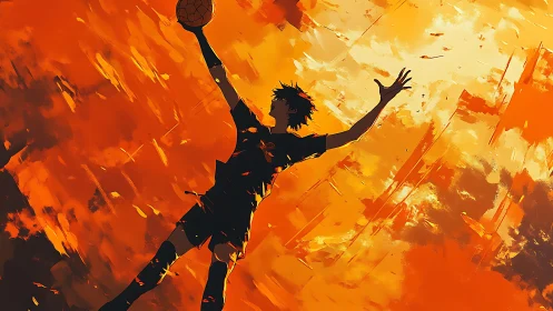 Soaring volleyball player in blazing orange abstraction.
