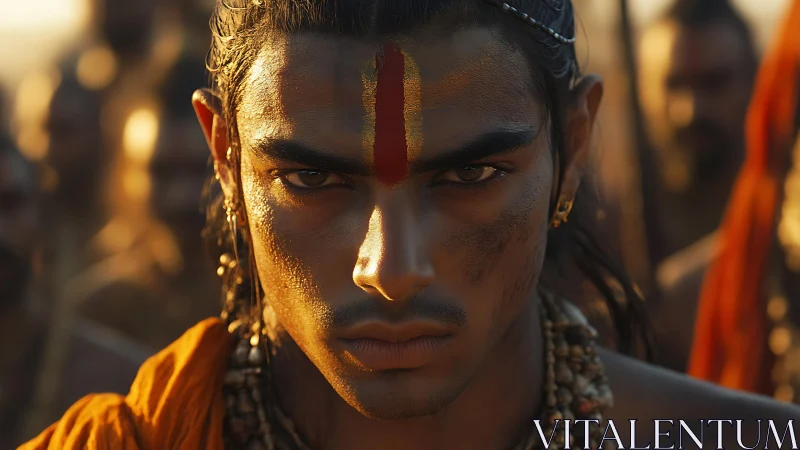 Warrior monk portrait under golden backlight with tilak mark.