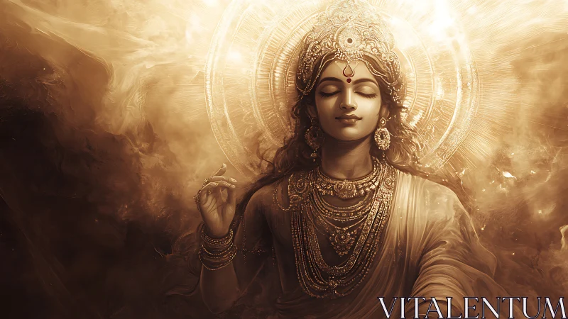 Divine goddess in radiant golden aura meditates serenely.