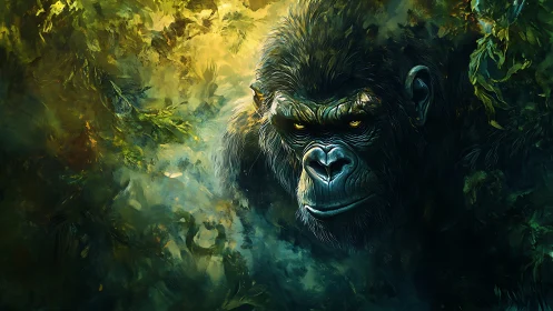 Gorilla portrait emerging from dense glowing jungle foliage.