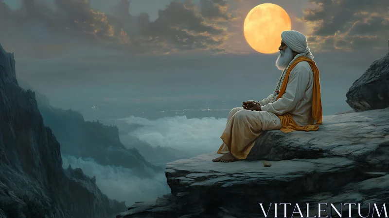 Serene elder meditates on a misty cliff beneath full moon.