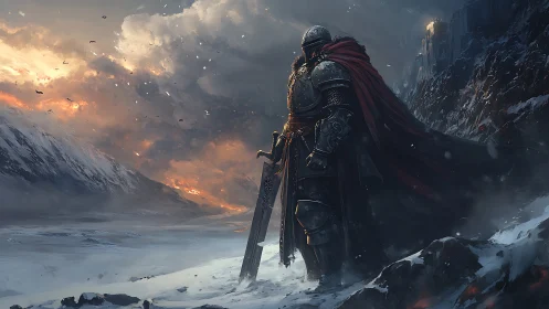Lone armored knight greeting a stormlit winter horizon.