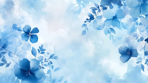 Blue Floral Composition with Watercolor Sky Background