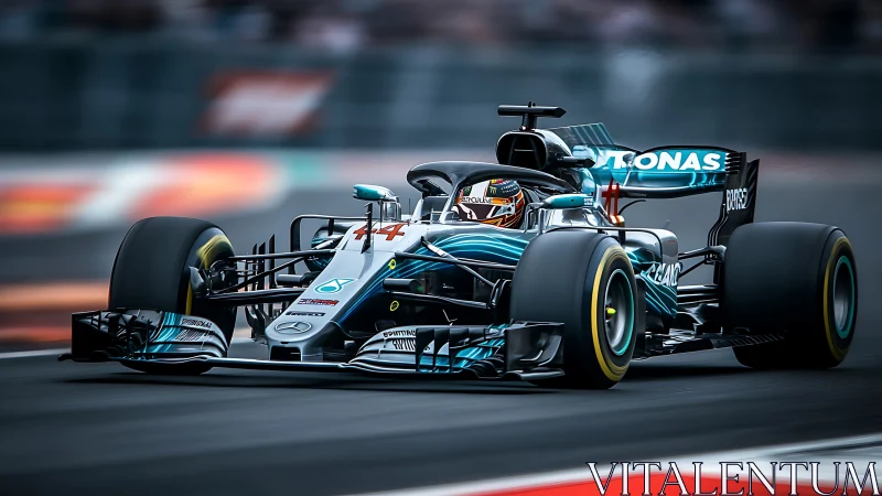 Silver Formula 1 car accelerates through modern racetrack