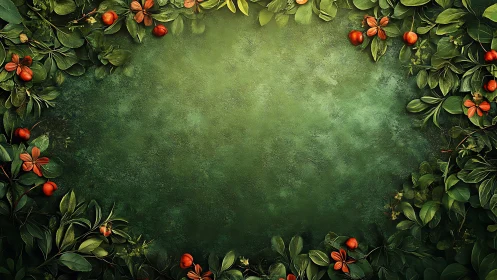 Inviting green foliage frame with tiny red garden berries.