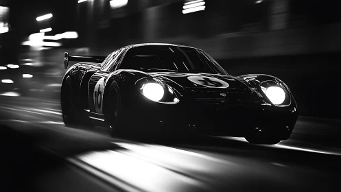 Monochrome endurance race car accelerates through night streets