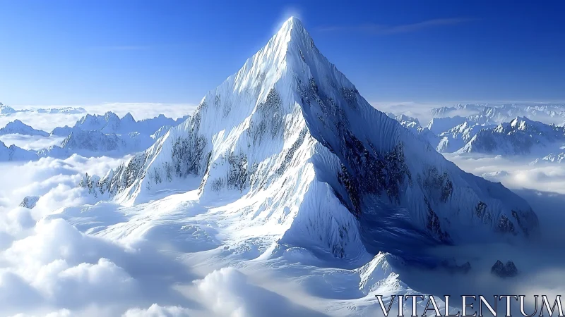 Sunlit snow peak rising gently above a dreamy cloud sea.