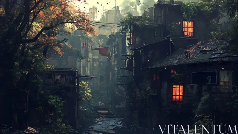 Overgrown post-apocalyptic alley glows with warm windows.