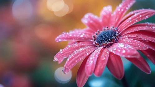 Gerbera Daisy with Water Droplets in Warm Bokeh Setting.
