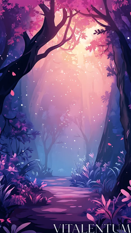 Glowing forest path through dark trees with pink and blue light