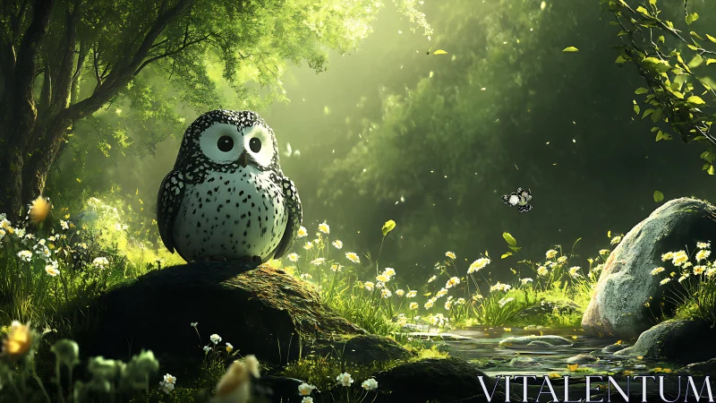 Cute cartoon owl in magical forest, sunlight streaming through trees.