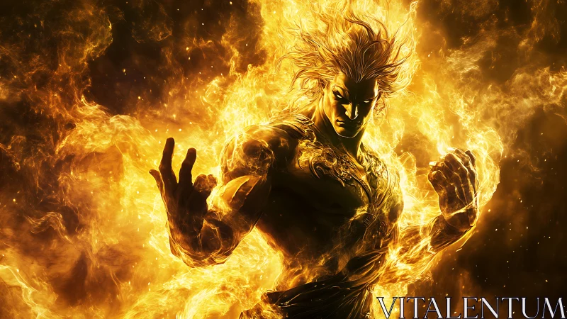 Fiery humanoid warrior rendered in dynamic golden digital flames