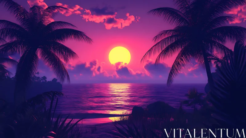 Neon tropic sunset casting magenta glow across calm sea.