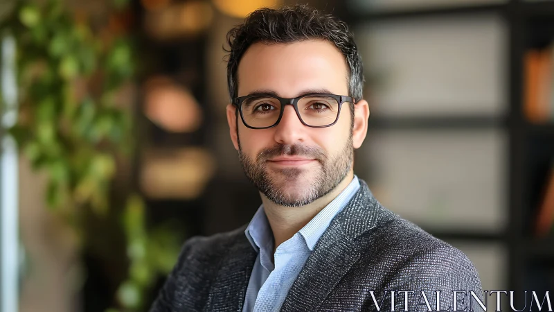 Confident professional man in glasses poses in modern office.