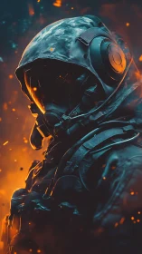 Armored soldier in flames with tactical respirator gear.