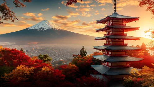 Crimson pagoda greets Mount Fuji beneath a blazing autumn sky