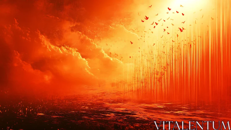 Radiant sky of rising birds and glowing golden horizon.