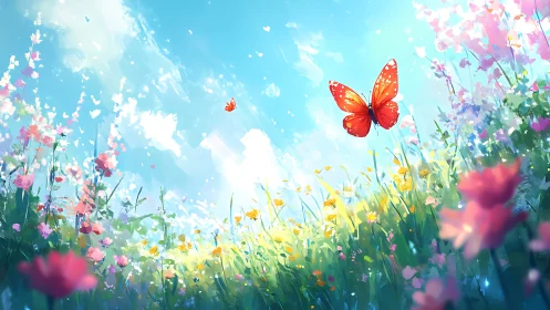 Bright orange butterfly drifting over a dreamlike spring meadow.