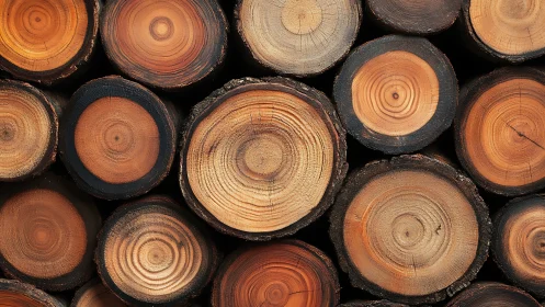 Stacked timber log cross-sections with concentric rings.