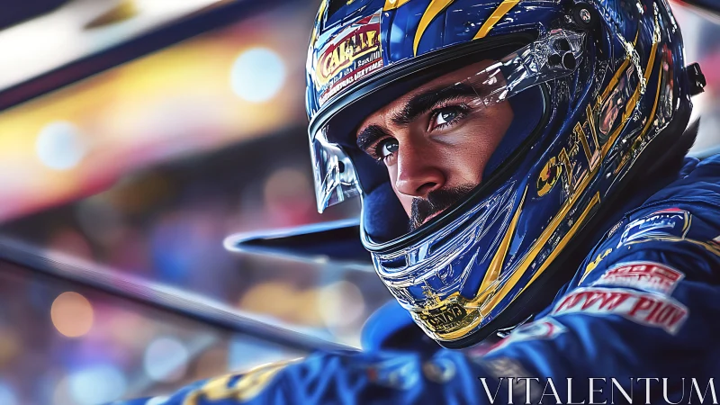 Hyperreal racing portrait with dynamic helmet reflections.