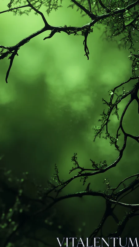 Glistening branches curve through a misty emerald glow