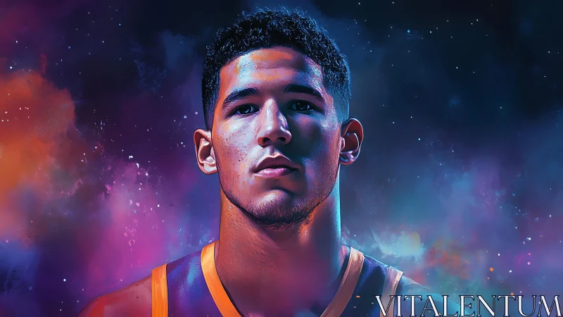 Digital portrait shows basketball player against nebula background