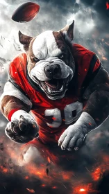 Fierce football bulldog charging through the smoky field.