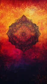 Radiant mandala ornament over fiery textured gradient.