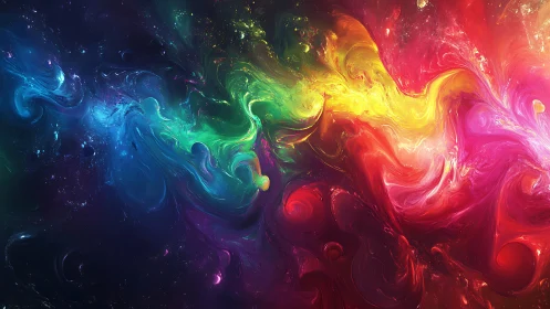 Celestial rainbow currents swirl through a molten cosmic sea.